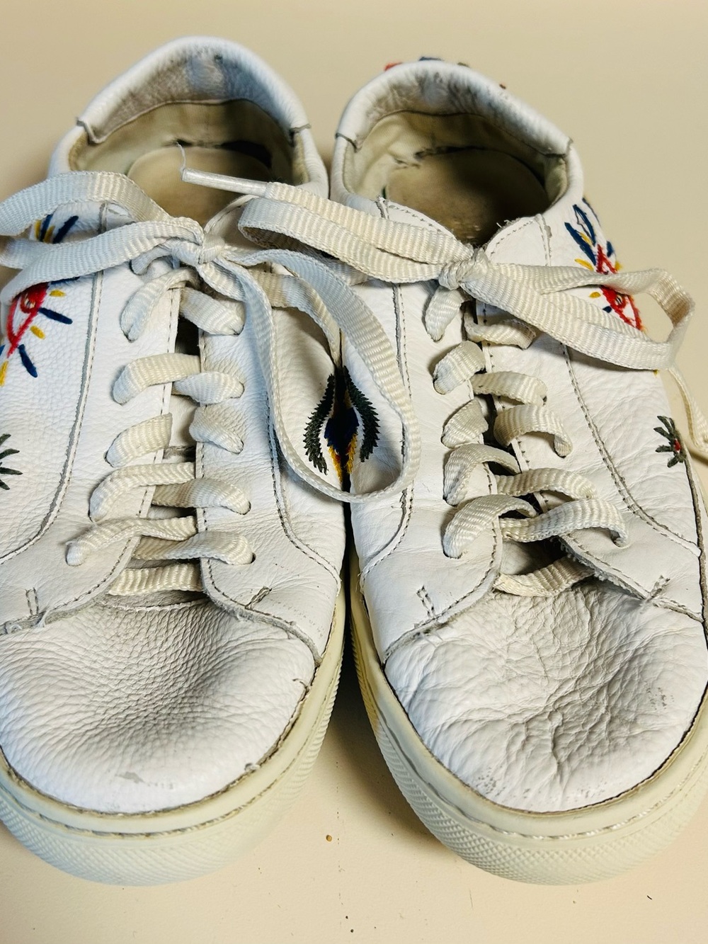 Soludos White Leather Sneakers with Colorful Embroidery